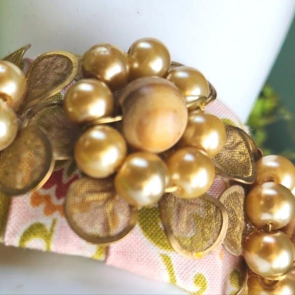 LENORA DAME Anthro Pleats Cottage Floral Fabric Gems Pearls Metal Cuff Bracelet - Picture 7 of 16